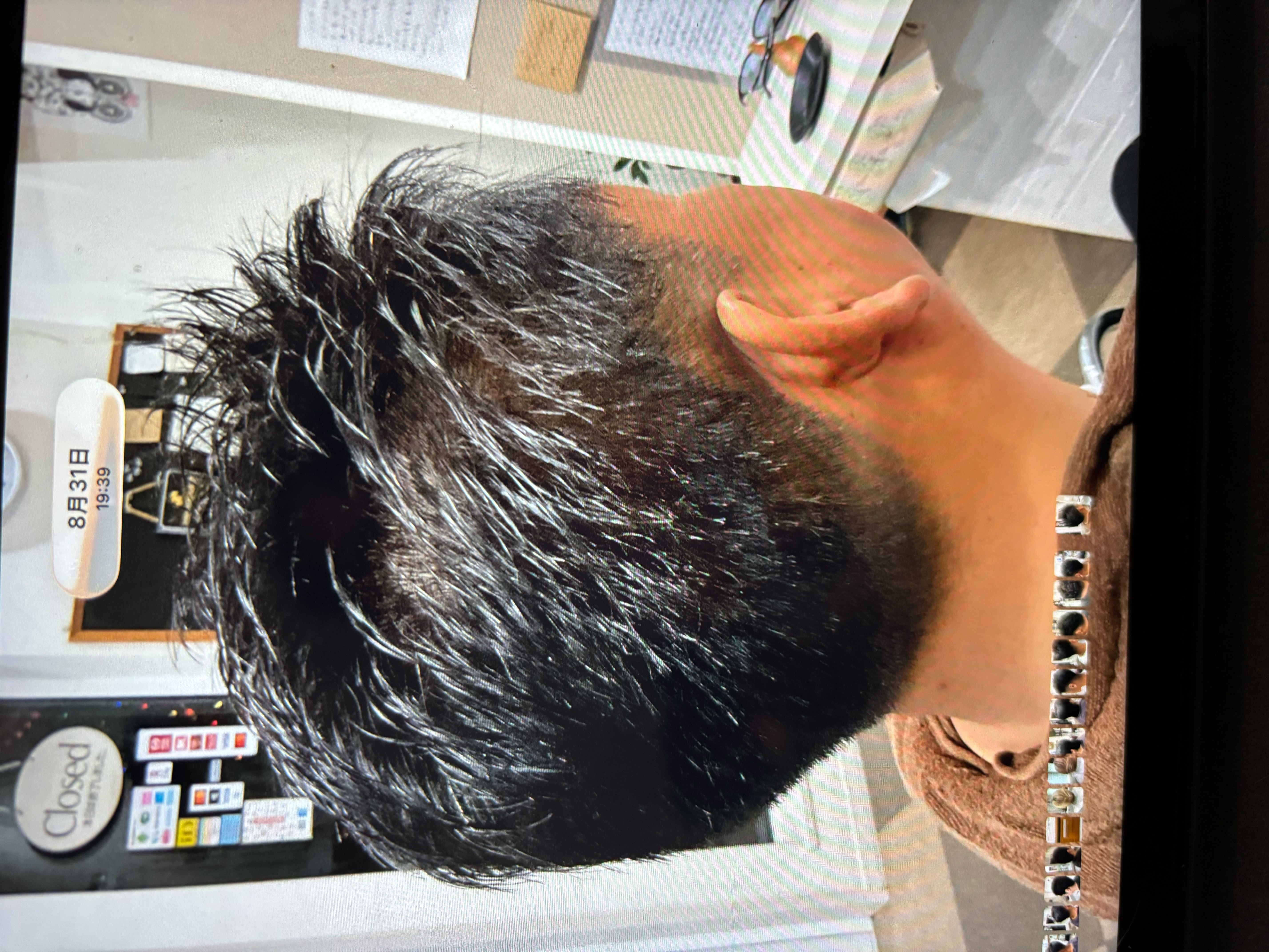 刈り上げたショートヘアを斜め後ろから撮影した写真